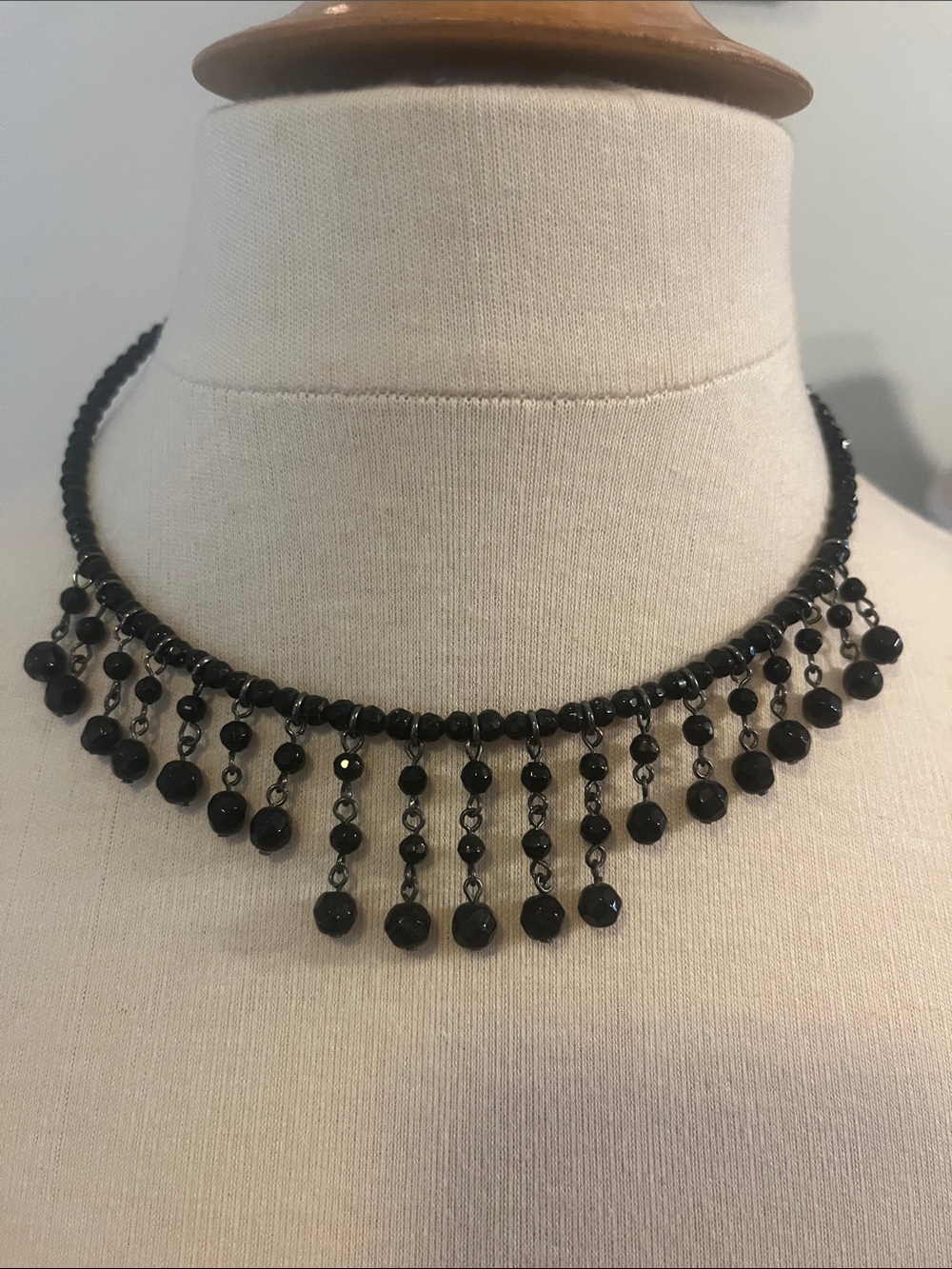 Black Beaded Fringe Choker Necklace